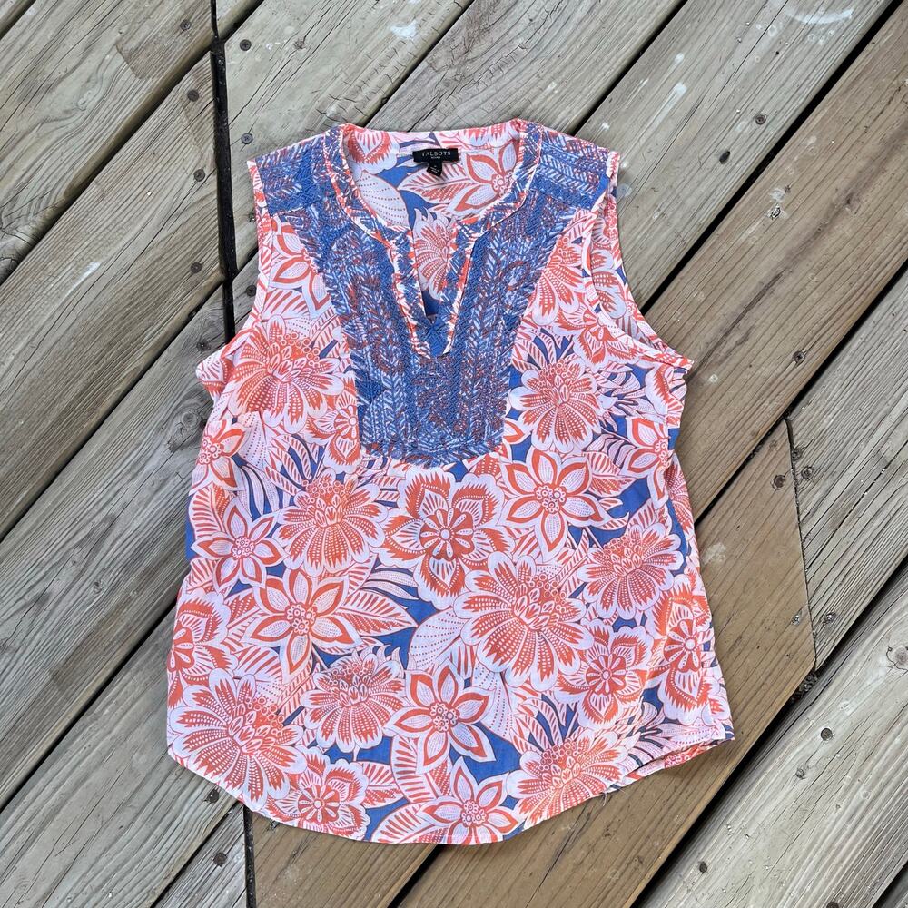 Talbots Women's Orange & Blue Floral Embroidered Sleeveless Top Size P